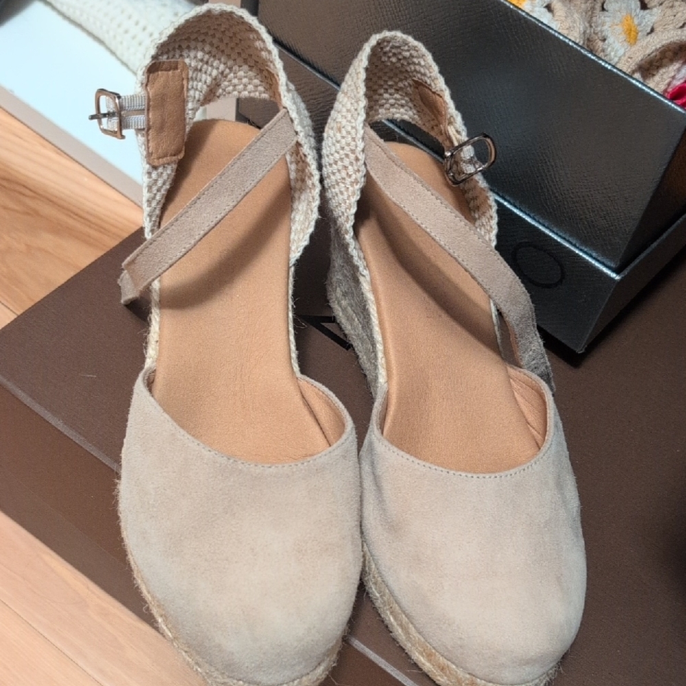 Neutral Beige Espadrille Wedge Sandals - Suede Slingback